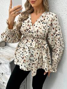 SHEIN Women's Floral Print V-Neck Tie Front Maternity Nursing Top, Autumn - Apricot - View 5