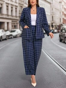 SHEIN Clasi Plus Size Women's Suit Set,Elegant Blazer Jacket And Long Pants Outfit,Plaid,Navy Blue,Summer,Office Wear,Commuting,White,Spring,Autumn,Winter,Pockets - Blue and White - View 8