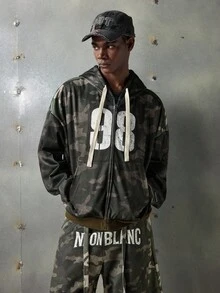 NEON BLANC Men's Autumn Digital Camouflage Print Drop Shoulder Zip Front Casual Hoodie Sweatshirt, For Fall Winter - Army Green - View 2