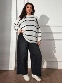 SHEIN Cottnline Plus Size Women's Crew Neck Striped Contrast Color Casual Loose Sweater - Black and White - View 3