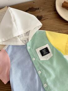 SHEIN 2pcs/Set Baby Boy/Girl Casual Contrast Color Hooded Short Sleeve Shirt & Shorts Set, Suitable For Spring Summer - Multicolor - View 5