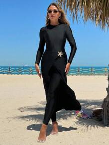 Swim Shayni 女士两件套：纯色长袖拉链连体泳衣和星星装饰 A 字裙 - 黑色 - 查看 4