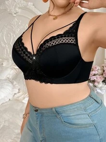 SHEIN 1 Áo ngực ren đen vá có gọng cỡ lớn thoải mái mỏng nhẹ - màu đen - Xem 5
