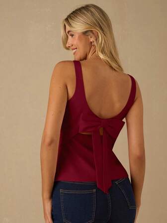 Enchnt Fall/Winter Romantic Women's Burgundy Satin Jacquard Backless Bow Decor Top, Summer New Arrival,Chic&Elegant&Fashionable For Party&Date&Holiday&Graduation&Going Out&Halloween&Christmas,Autumn Clothes,New Years Women Outfit
