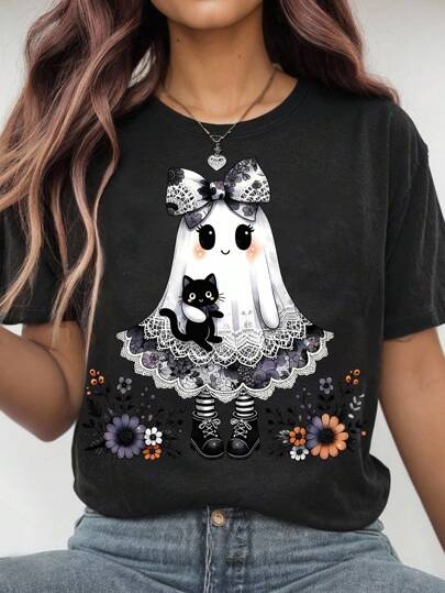 EMERY ROSE Summer Casual Halloween Ghost Print Short-Sleeved T-Shirt, Halloween T-Shirt, Halloween Cute Ghost T-Shirt, Spooky Ghost T-Shirt, Autumn Cute Bow T-Shirt, Black Cat Halloween
