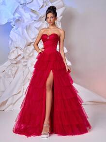Glamrae Elegant Red Satin & Net Mesh Lace Sweetheart Neckline Rhinestone & Fishbone Boned Belted A-Line Asymmetrical Hem High Slit Backless Adjustable Tie Dress, Suitable For Birthday, Prom, Wedding, Graduation, Formal Occasion - Burgundy - View 5