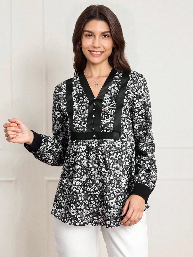 Miaspire 婚礼宾客礼服女式情人节女士纯色纽扣前长袖休闲衬衫 - 黑色 - 查看 6