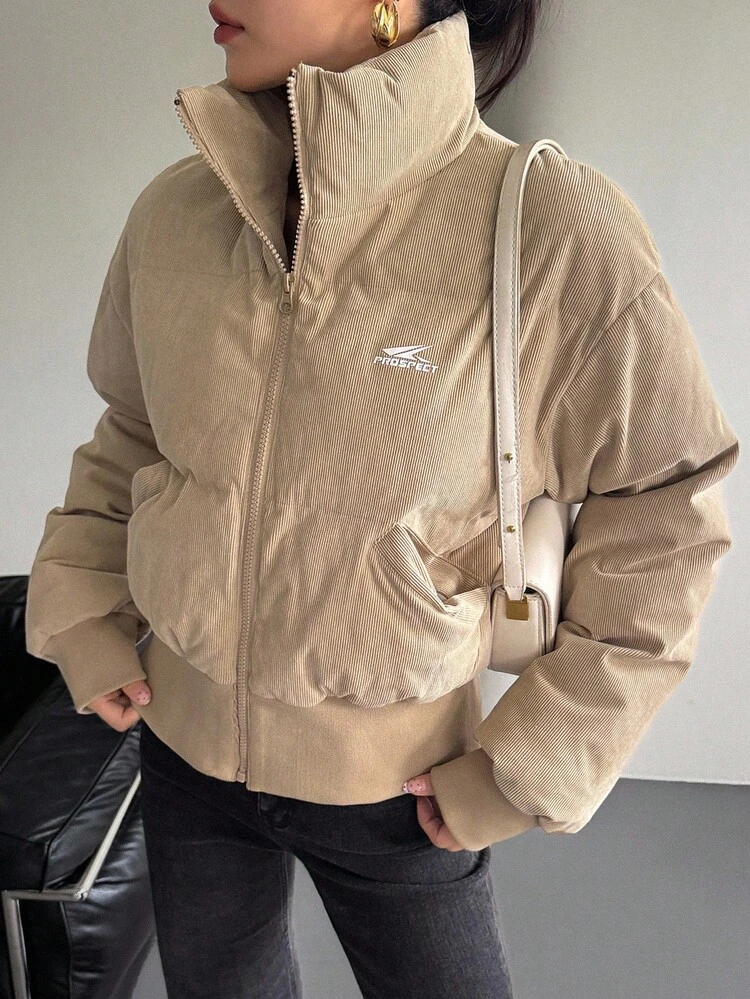 Letter Graphic Print Fitted Short Casual Street Style Padded Coat For Women, Autumn/Winter Jacket
