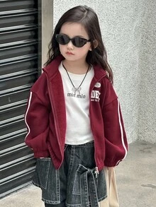 DAZY Young Girls Regular Collar English Print Contrast Stripe Decor Casual Sweatshirt Fall,Winter - Red - View 2