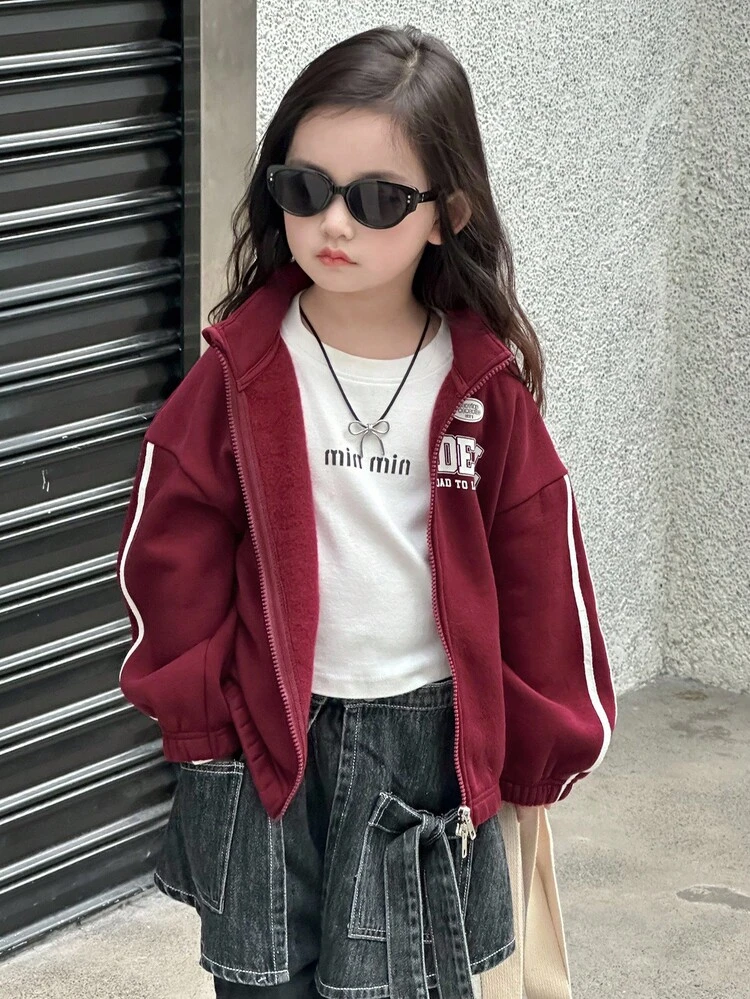 Young Girls Regular Collar English Print Contrast Stripe Decor Casual Sweatshirt Fall,Winter