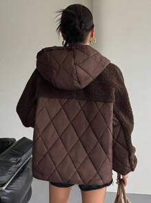 DAZY Women's Autumn/Winter Patchwork Houndstooth Short Lamb Wool Padded Coat Jacket - Brown - View 6