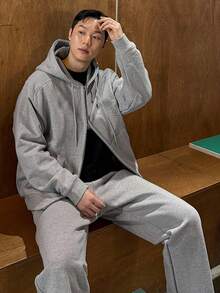 DAZY 男士秋季贴花刺绣设计灰色拉链连帽衫套装