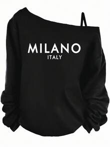 EMERY ROSE Milano Letter Slogan Print Plus Size Casual Camisole T-Shirt For Women, Suitable For Teacher's Day, Spring/Autumn,Fall Clothes For Women