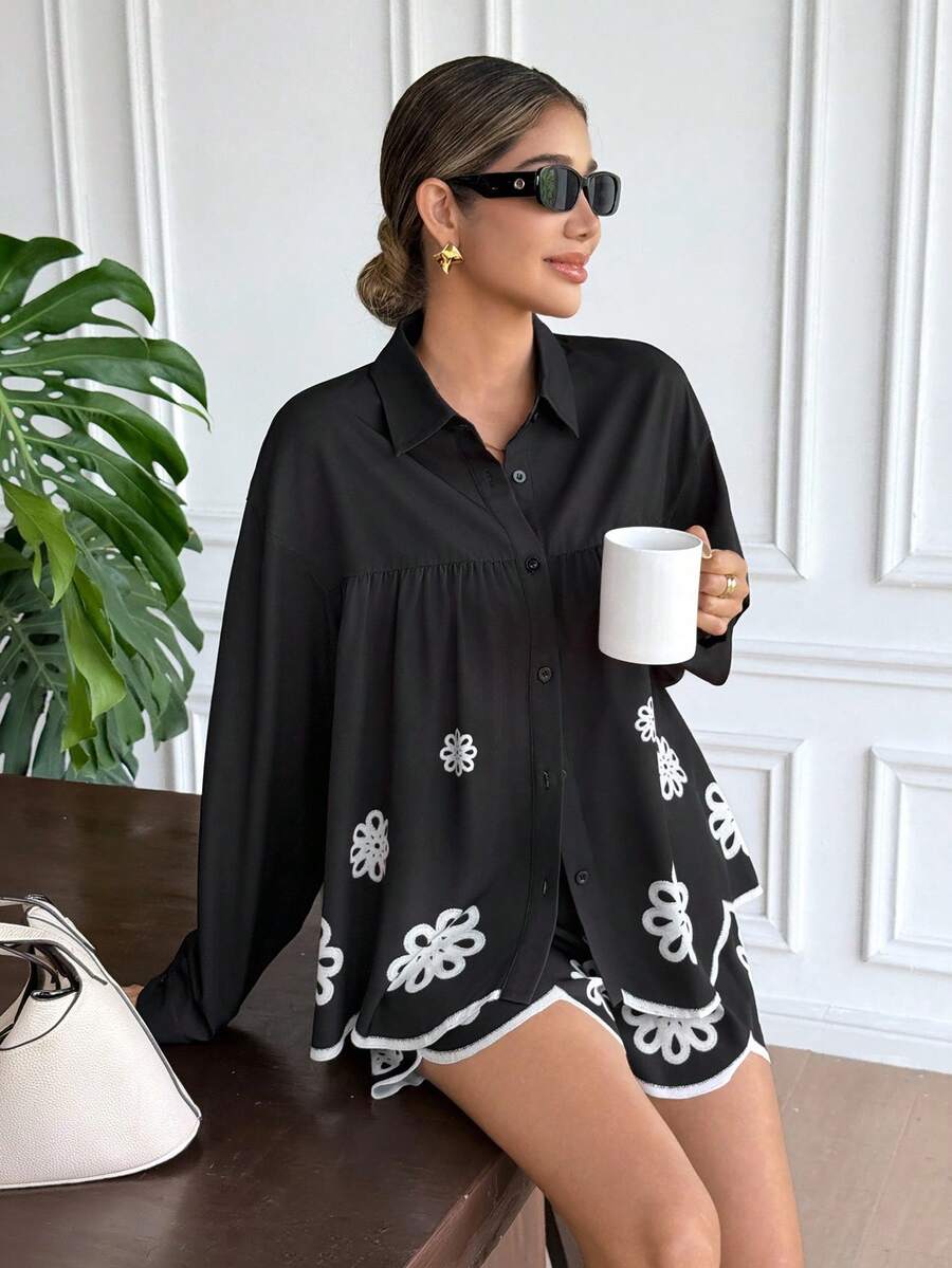 SHEIN Frenchy Damen Mode Lässig Blumen Muster Hemd & Shorts 2 Stücke Set