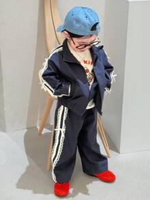 DAZY Conjunto de chaqueta casual de estilo coreano con lazo de unicolor para bebés niñas en otoño/invierno - Azul Marino - Ver 4