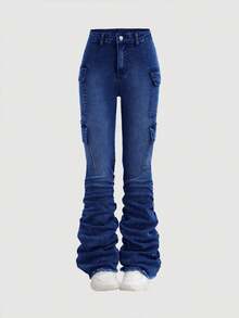 SHEIN Girlism Tween Girls Y2K Stonewashed Flared Jeans With Pleats And Flap Pocket Stacked Jeans With Cargo Pockets Fall Winter