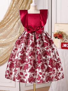 Vestido elegante de cetim com patchwork floral e jacquard com laço para meninas pré-adolescentes - Borgonha - Ver 6