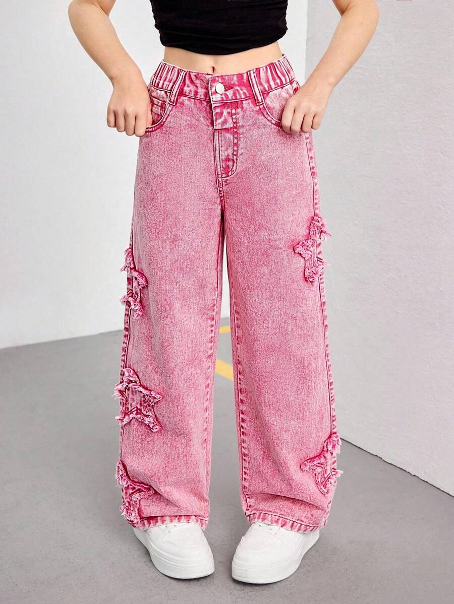 SHEIN Explorewe Tween Girls Y2K 风格星星刺绣喇叭腿牛仔裤,时尚街头服饰,女孩必备的休闲时尚百搭单品 - 粉色 - 查看 1