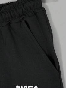 Men Cottonline Letter Printed Pocket Drawstring Regular Short - Black - View 4