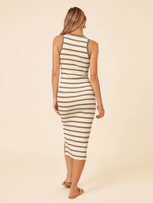 Coeurva Black & White Striped Slim-Fit Side Slit Midi Dress, Casual Summer Holiday/Office Wear - Khaki - View 4