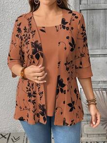 EMERY ROSE Summer Women's Floral Leaf Printed Patchwork 2 In 1 T-Shirt Graphic Tees Women Tops - Orange - View 4