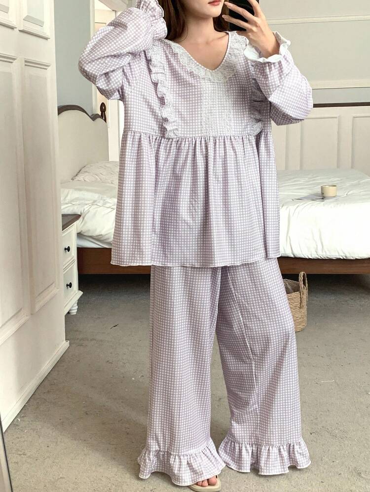 2pcs Women Lace Patchwork Ruffle Hem Plaid Loose Long Sleeve Pajama Set, Fall Clothes
