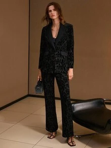 MOTF PREMIUM EMBROIDERY FLARE LEG SUIT PANTS - Black - View 7