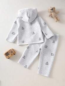 2 件套幼儿男童休闲连帽开衫，带卡通熊印花和裤子套装，舒适服装男婴连帽衫套装婴儿休闲套装男婴服装套装婴儿绗缝套装婴儿熊印花套装 - 灰色 - 查看 3