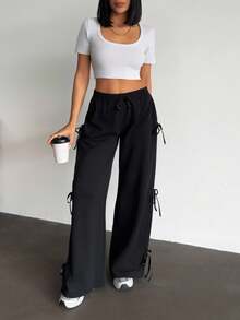 RueChic Edgy Comfort: Black Joggers With Satin Side Ribbon Detailing - Black - View 5