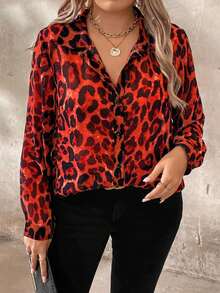 EMERY ROSE Plus Size Fashionable Leopard Print Long Sleeve Shirt Fall Cloth For Women - Red - View 3