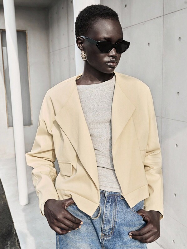 Lumivelle Chaqueta corta holgada de unicolor con solapa, adecuada para uso casual diario, trayecto al trabajo, oficina, versátil