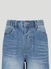 青少年女孩 Y2K 风格水洗牛仔阔腿牛仔裤，休闲松紧腰宽松日常时尚裤，适合青少年女孩 - 中等水洗藍 - 查看 4