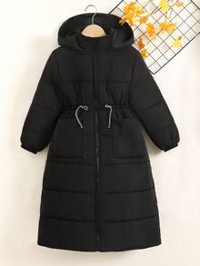 SHEIN 青少年女孩简约舒适百搭宽松纯色高领口袋抽绳腰部可调节连帽绗缝长款棉衣 - 黑色 - 查看 11