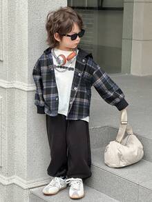 DAZY 2pcs Kids Boys Casual Plaid Hooded Shirt And Sweatpants Set, Loose Fit, Autumn