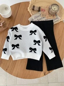 SHEIN Baby Girls Casual Bow Print Sweater & Pants Set,In Fall/Winter