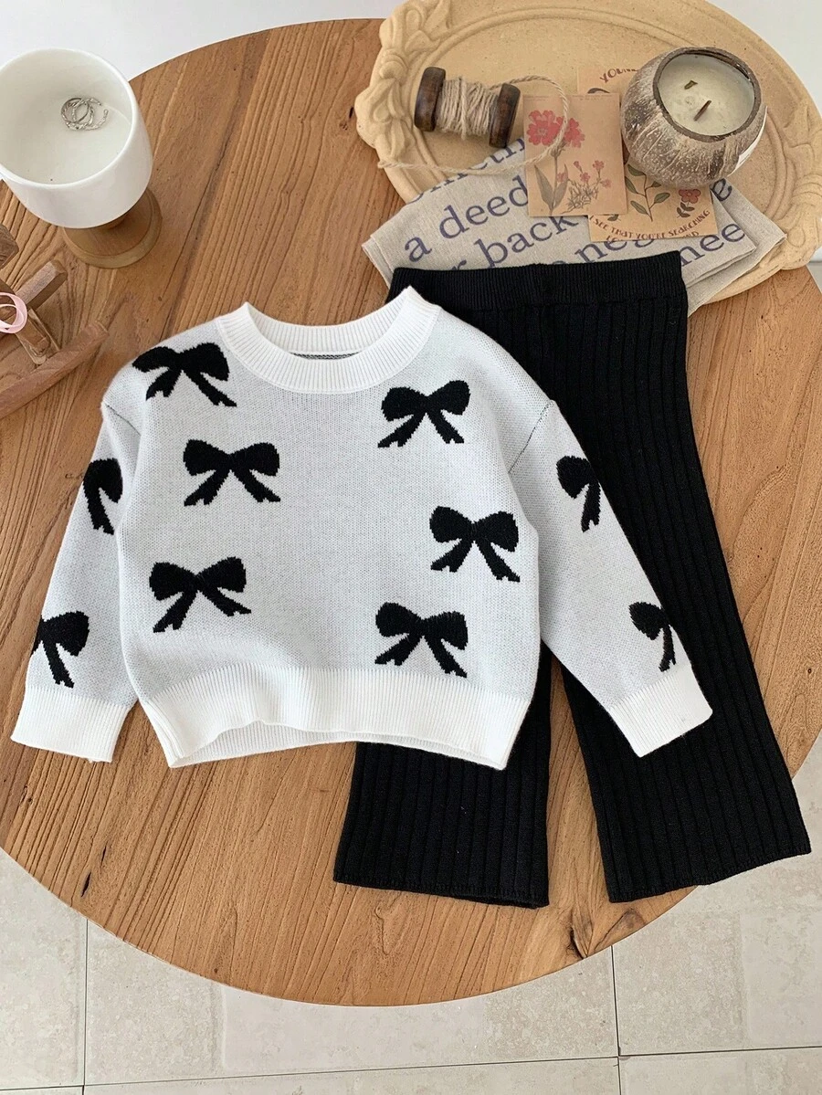 SHEIN Baby Girls Casual Bow Print Sweater & Pants Set,In Fall/Winter