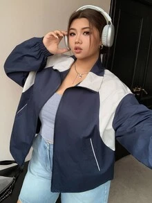 Dazy Plus Color Block Collar Zip Up Loose Fit Plus Size Women Sports Casual Jacket Fall/Winter