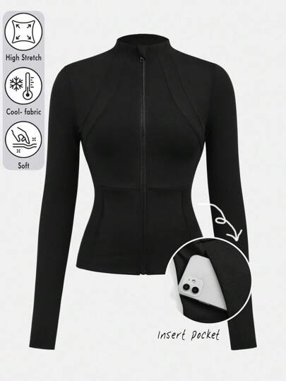 SHEIN Girlism Teen Girls Black Casual Sports Lightweight Zip-Up Jacket, Slim Fit For Running, Gym, Yoga, Suitable For Spring, Summer, Back To School Season Black Zip Up Jacket Black Zip Up Workout Top Athletic Zip Up Girls Black Zip Up Black Fitted Zip Up Black Zip Up Long Sleeve Black Athletic Jacket Women Black Zip Up,In Fall/Winter