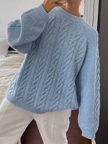 DAZY Women's Loose Fit Solid Color Crew Neck Cable Knit Sweater,Fall Women Clothes Modest Fashion - Blue - View 7