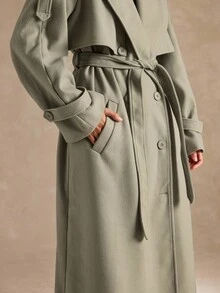 SHEIN BAE 女士简约缺口领长款宽松束带羊毛大衣，适合冬季 - 薄荷綠 - 查看 7