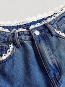 SHEIN Girlism 少女白色蕾丝边串珠口袋宽腿宽松蓝色牛仔裤 - 深色水洗藍 - 查看 3