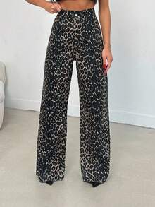 EURMUSE 100% Cotton MID RISE WIDEEG CUT LEOPARD PETITE JEAN - Multicolor - View 5