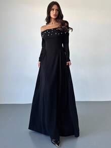 Firerie Vestido largo de línea A con hombros descubiertos, manga larga, fruncido y cuentas para mujer, vestido elegante y sexy para eventos de noche, vestido vintage con decoración de perlas, adecuado para primavera, verano, otoño, elegante, viajes, sexy, vacaciones, playa, estilo bohemio, Hawái, festivales de música, romántico, citas, fiestas, bodas, graduación, actuaciones, conciertos, trabajo, regreso a clases, cumpleaños de mujer - Negro - Ver 2