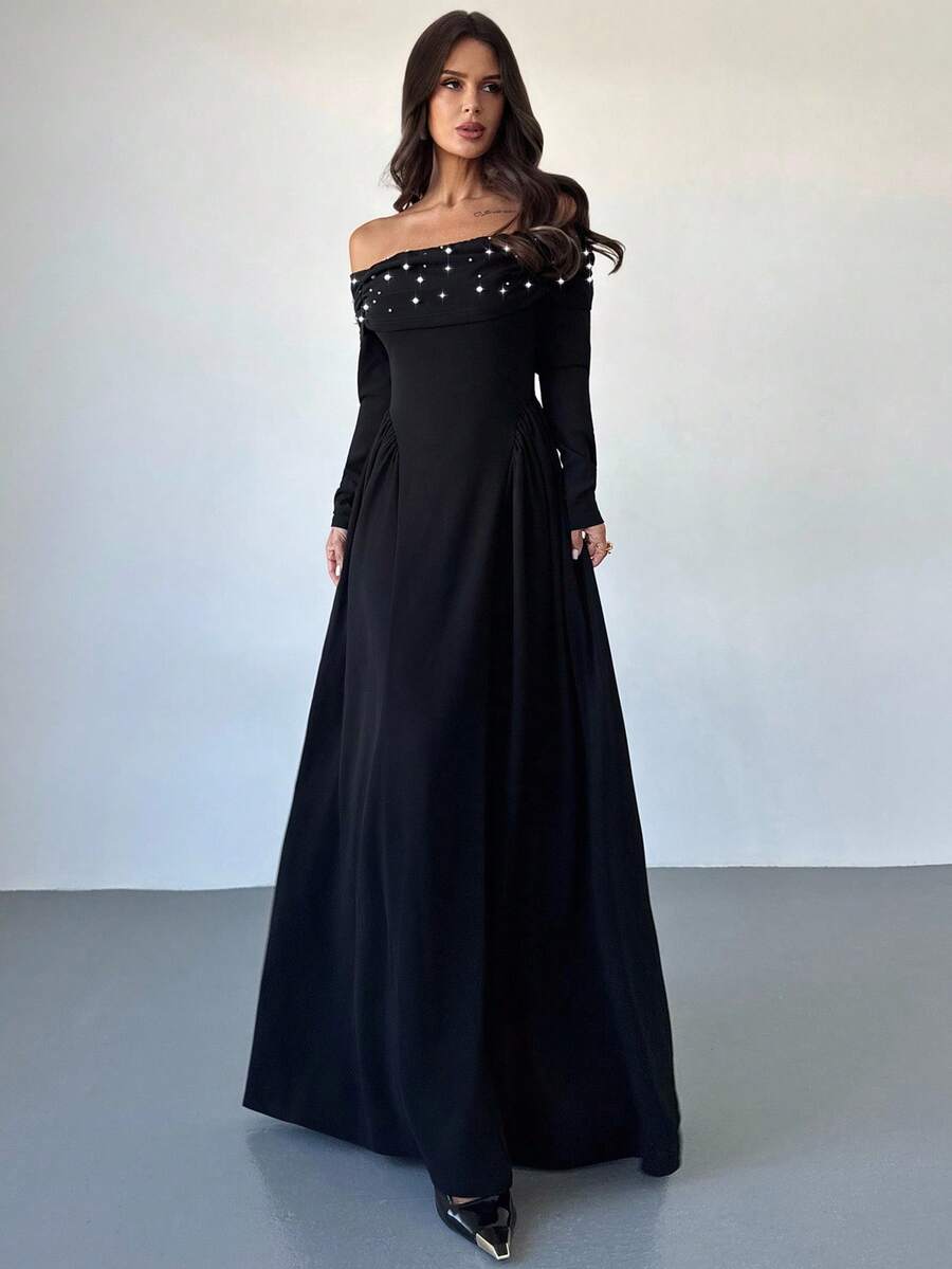 Firerie Vestido largo de línea A con hombros descubiertos, manga larga, fruncido y cuentas para mujer, vestido elegante y sexy para eventos de noche, vestido vintage con decoración de perlas, adecuado para primavera, verano, otoño, elegante, viajes, sexy, vacaciones, playa, estilo bohemio, Hawái, festivales de música, romántico, citas, fiestas, bodas, graduación, actuaciones, conciertos, trabajo, regreso a clases, cumpleaños de mujer