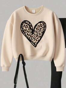 SHEIN ChillGRL 青少年女孩休闲时尚豹纹印花心形图案套头衫和紧身裤两件套，秋季服装冬装 - 彩色 - 查看 5