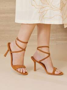 MOTF PREMIUM WOMEN'S 8.8CM SUEDETTE DEER SKIN STRAP BUCKLE FASHION MINIMALIST COMFORTABLE PEEP TOE HIGH HEEL SANDALS, BROWN FOR CHRISTMAS - Brown - View 6