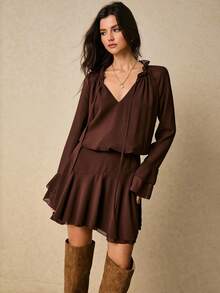 Poéselle 女式度假休闲纯色喇叭袖短款连衣裙 - 棕色 - 查看 4