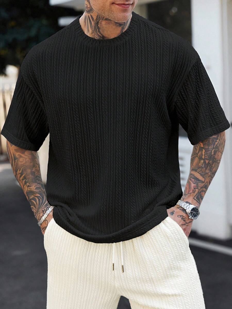 Manfinity Homme Men's Casual Solid Color Knitted Jacquard Fabric Short Sleeve T-Shirt, Summer - Black - View 1