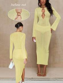 Chiquease Chic Pale Yellow Hollow Acrylic Textured Fitted Elegant Dress For Women,Autumn Night Out Wedding Guest Party Dress,European & American Style Knit - Yellow - View 7