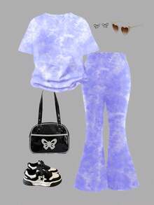 SHEIN 2件套女童休闲卡通兔子露露套装，缝线图案扎染天蓝色圆领短袖T恤搭配喇叭裤，适合夏季和秋季穿着。 - 彩色 - 查看 2